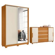 Conjunto De Quarto Guarda Roupas Com Espelho 2 Portas De Correr E Cômoda Hera Flex Madeirado/off Whi Madeir/off