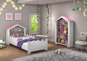 Conjunto de quarto Princesa com cama, estante e colchão Branco/Rosa - Vitamov