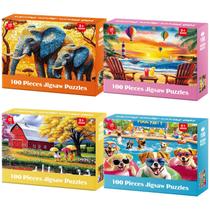 Conjunto de quebra-cabeças Ciavotie, 4 x 100 unidades, crianças, elefantes, fazenda, cães, praia