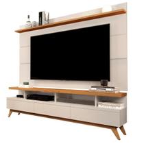 CONJUNTO DE RACK + PAINEL VIV. COR OFF WHITE / NATURE 1.80m PARA TV ATÉ 72'' POLEGADAS COM 3 GAVETAS PÉS RETRÔ EM MADEIRA