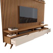 CONJUNTO DE RACK + PAINEL VIVA 100% RIPADO COR FREIJÓ / OFF WHITE 180cm PARA TV ATÉ 65'' POLEGADAS COM 3 GAVETAS PÉS RETRÔ