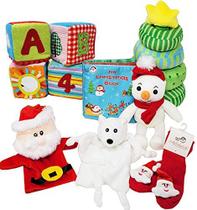 Conjunto de Recheio de Meias para Bebês - Brinquedos de Natal para Bebês Primeiro - Brinquedos de Pelúcia, incluindo Livro de Natal, Boneco de Neve, Meias de Papai Noel e Fantoche de Mão de Papai Noel - Presentes de Natal para Crianças e Bebês