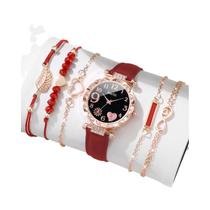Conjunto De Relógio De Moda Feminino Com 6 Peças, Mostrador Em Forma De Coração, Pulseira De Couro E - NONE