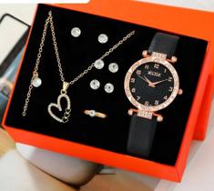 Conjunto de relógio de pulso de quartzo e peças de jóias com um colar, pulseira, brincos e anel