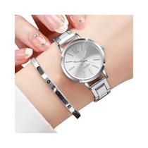 Conjunto De Relógio De Pulso Feminino De Quartzo Dourado Da Moda Com 2 Peças: Pulseira Simples De