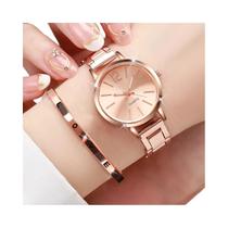 Conjunto De Relógio De Pulso Feminino De Quartzo Dourado Da Moda Com 2 Peças: Pulseira Simples De