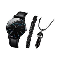 Conjunto De Relógio De Pulso Masculino Casual Com Pulseira De Couro E Relógio De Quartzo 3PCS Moda