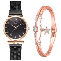 Conjunto de Relógio de Pulso Quartzo Feminino com Bracelete de Strass e Estrela