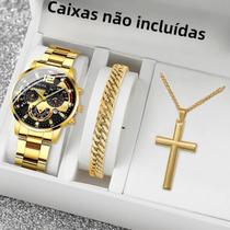 Conjunto De Relógio De Quartzo Com Pulseira De Aço Inoxidável Da Moda Masculina Com Calendário 3pcs