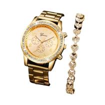 Conjunto De Relógio De Quartzo Com Strass Para Mulheres 2PCS Relógio Analógico Com Pulseira Presente