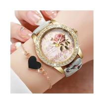 Conjunto De Relógio De Quartzo Com Strass Para Mulheres, Pulseira De Couro Com Estampa De Flores, 2