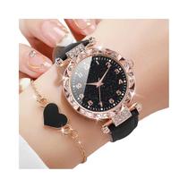 Conjunto De Relógio De Quartzo Com Strass Para Mulheres, Pulseira De Couro PU E Bracelete Em Forma