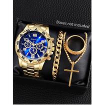 Conjunto De Relógio De Quartzo De Negócios Em Liga De Ouro Para Homens Com Pulseira, Colar E Anel,