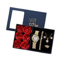 Conjunto De Relógio De Quartzo Dourado Com Diamantes Para Mulheres, Bracelete E Colar, Presente De