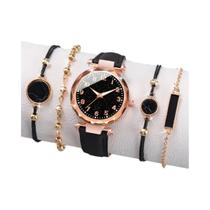 Conjunto De Relógio De Quartzo Feminino 5PCS Com Mostrador Céu Estrelado E Pulseiras De Couro