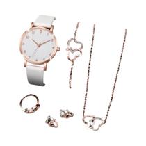 Conjunto De Relógio De Quartzo Feminino Com 6 Peças, Pulseira De Couro, Joias Com Duplo Coração Conjunto De Relógio De Quartzo Feminino Com 6 Peças, Pulseira De Couro, Joias Com Duplo Coração