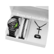 Conjunto De Relógio De Quartzo Masculino 4PCS Com Mostrador Em Forma De Roda De Carro 3D E Pulseira
