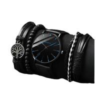 Conjunto de Relógio de Quartzo Masculino com Mostrador Azul - 4 Peças com Pulseira de Contas de Madeira