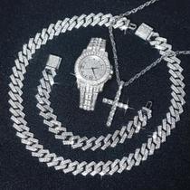 Conjunto De Relógio Hip-hop Punk Masculino 5 Peças Com Pingente De Cruz Incrustado Com Diamantes,