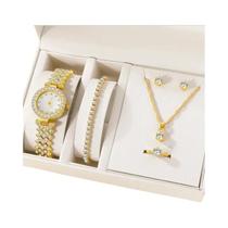 Conjunto de Relógio Luxo com Strass para Senhoras - 6 Peças (Relógio, Colar, Brincos, Anel e Pulseira)