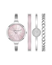 Conjunto de relógios femininos e 3 pulseiras Anne Klein rosa prateado