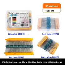 Conjunto De Resistores De Filme Metálico 1% 300/600pcs 10Ohm a 1M Ohm 1/4W 30 Valores Kit De