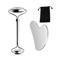 Conjunto De Rolador Facial E Gua Sha Em Aço Inoxidável 1 2 3 Peças Ferramentas De Beleza Metálicas