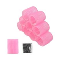 Conjunto De Rolos De Cabelo De Nylon Rosa 9 Unidades DIY Sem Calor Autoaderente 3 Tamanhos