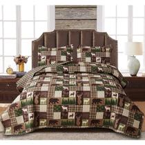 Conjunto de roupa de cama de edredão Oliven Reversible Lodge Plaid Moose Bear