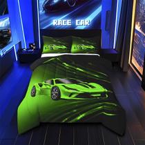 Conjunto de roupa de cama Feelyou Boys Green Race Car, tamanho completo, 3 unidades