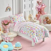 Conjunto de roupa de cama infantil UOZZI Unicorn Pink Floral 4 peças