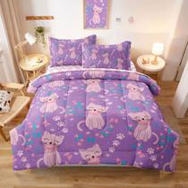 Conjunto de Roupa de Cama SIRDO Solteiro Meninas Gato Roxo Rosa Conjunto de Roupa de Cama SIRDO Solteiro Meninas Gato Roxo Rosa