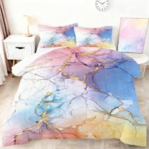 Conjunto de roupa de cama VTKON em mármore pastel em tamanho real com edredom e 2 fronhas Conjunto de roupa de cama VTKON em mármore pastel em tamanho real com edredom e 2 fronhas