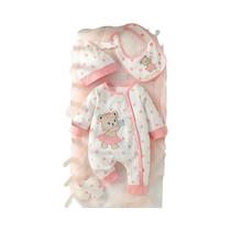 Conjunto De Roupa De Outono Para Bebê Menina Recém-Nascida Com Macacão De Poá, Chapéu E Babador - 4 Conjunto De Roupa De Outono Para Bebê Menina Recém-Nascida Com Macacão De Poá, Chapéu E Babador - 4