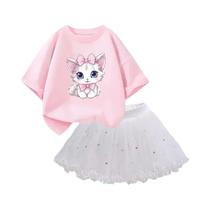 Conjunto De Roupa De Verão Para Meninas, Camiseta Com Estampa De Gato E Saia Tutu, Roupas De