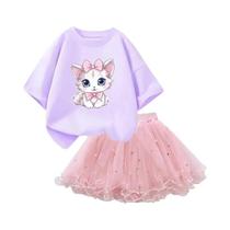 Conjunto De Roupa De Verão Para Meninas, Camiseta Com Estampa De Gato E Saia Tutu, Roupas De