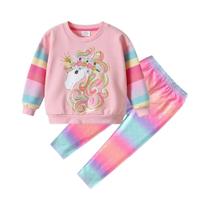 Conjunto De Roupa Infantil Com Moletom De Algodão Rosa Com Listras Arco-Íris E Leggings Para Meninas Conjunto De Roupa Infantil Com Moletom De Algodão Rosa Com Listras Arco-Íris E Leggings Para Meninas