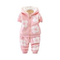 Conjunto De Roupa Infantil Feminina: Casaco De Lã Grosso Com Capuz E Calça Estampada De Desenho