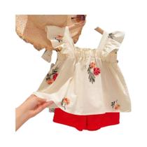 Conjunto de Roupa Infantil Meninas Verão - Floral Bordado com Renda