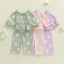 Conjunto De Roupa Infantil Para Meninas Com Camiseta Floral De Manga Longa Off-Shoulder E Calças