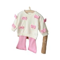 Conjunto De Roupa Para Bebê Com Laço Rosa E Calças Flare De Manga Longa Para Primavera E Outono Conjunto De Roupa Para Bebê Com Laço Rosa E Calças Flare De Manga Longa Para Primavera E Outono