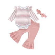 Conjunto De Roupa Para Bebê Menina Com Macacão Listrado De Manga Longa, Calças Flare E Faixa De Conjunto De Roupa Para Bebê Menina Com Macacão Listrado De Manga Longa, Calças Flare E Faixa De