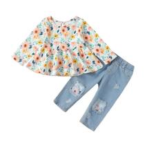 Conjunto De Roupa Para Menina Pequena Com Blusa Floral E Jeans Rasgado, Manga Longa, Primavera E Conjunto De Roupa Para Menina Pequena Com Blusa Floral E Jeans Rasgado, Manga Longa, Primavera E