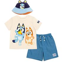 Conjunto de Roupas Bluey e Bingo para Bebês - Camiseta, Shorts e Chapéu