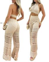 Conjunto de roupas: blusa e calça femininas de crochê Halter Crochê