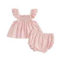 Conjunto de roupas Brvxia Baby Girl, camisa xadrez com babados e shorts