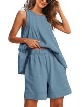 Conjunto de roupas: camiseta regata feminina sem mangas Gozoloma com shorts, azul-cinza Conjunto de roupas: camiseta regata feminina sem mangas Gozoloma com shorts, azul-cinza