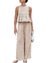 Conjunto de roupas: camiseta regata xadrez feminina bronzeada de guingão com calça marrom