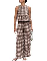 Conjunto de roupas: camiseta regata xadrez feminina bronzeada de guingão com calças Conjunto de roupas: camiseta regata xadrez feminina bronzeada de guingão com calças