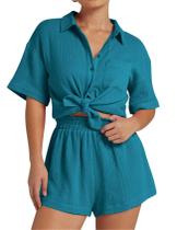 Conjunto de roupas de 2 peças Flygo feminino de algodão e linho Darkteal-XS